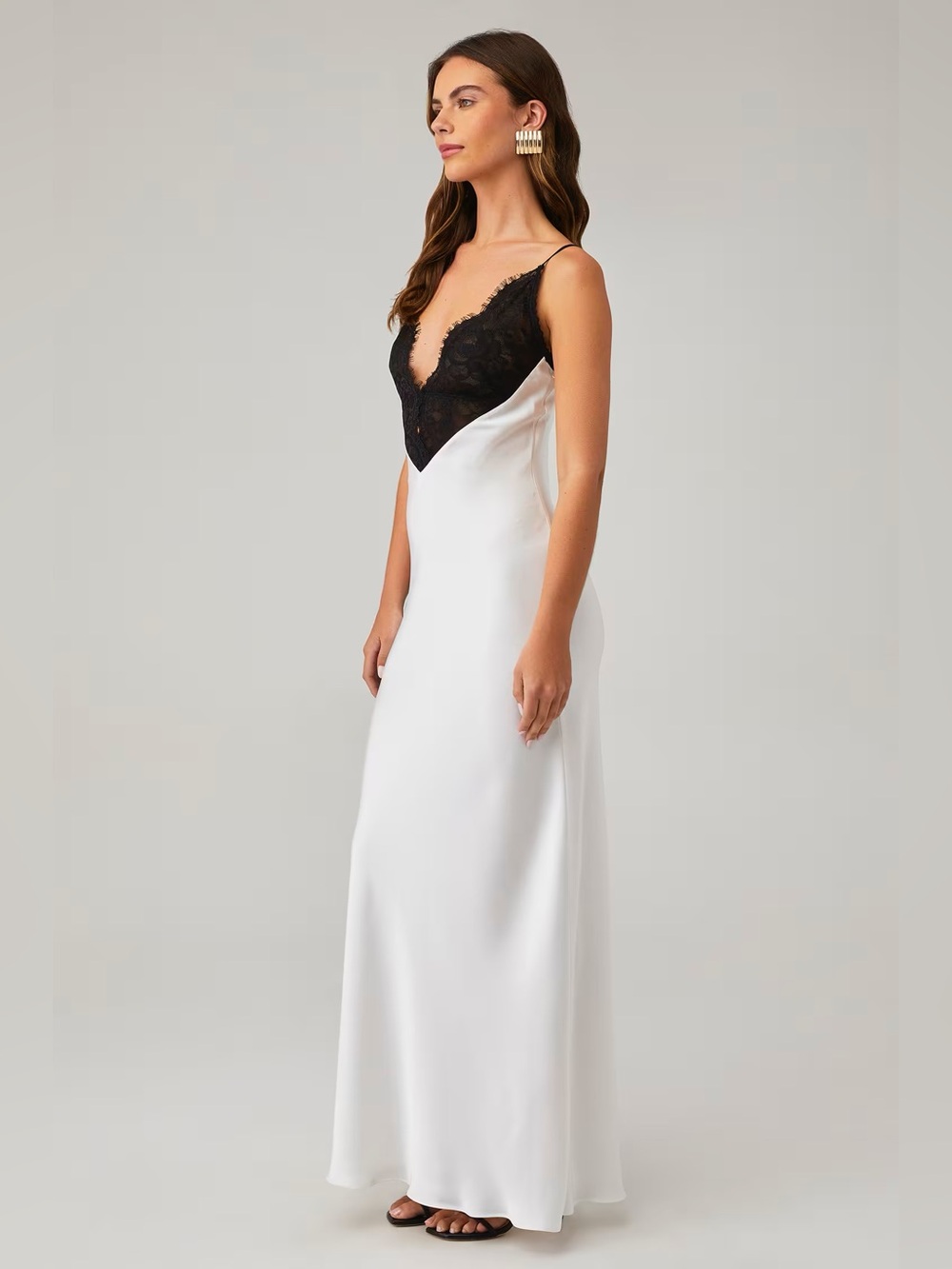 Ronny Kobo Collection Ivory Slip Dress with Black Lace Trim